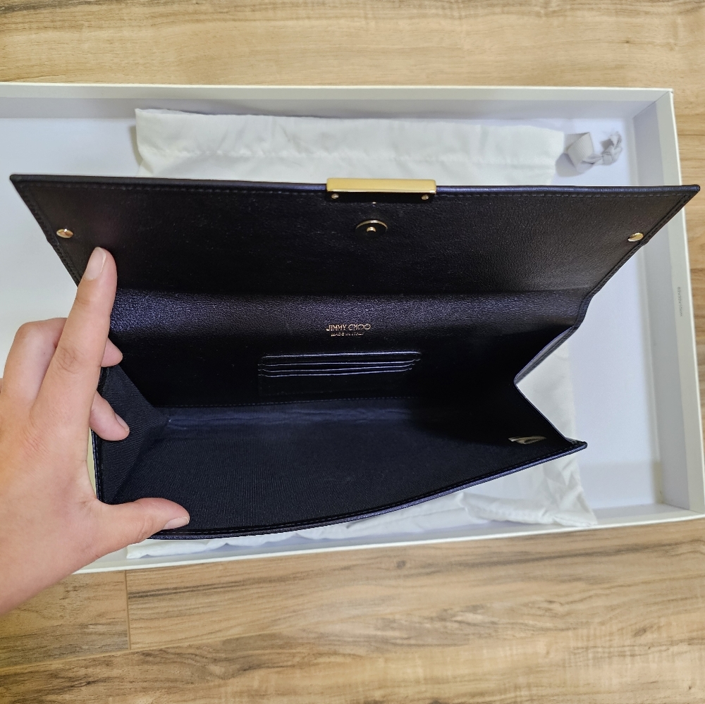 Authentic JIMMY CHOO Glitter Leather Trimmed Reese Clutch, large, color ink - Picture 9 of 16